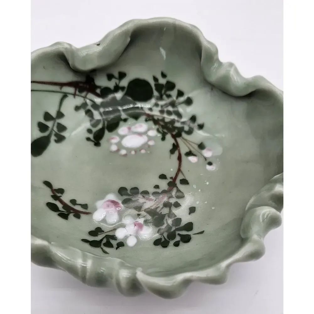 Antique Japanese Meiji Celadon Porcelain Brush Washer Cherry Blossoms